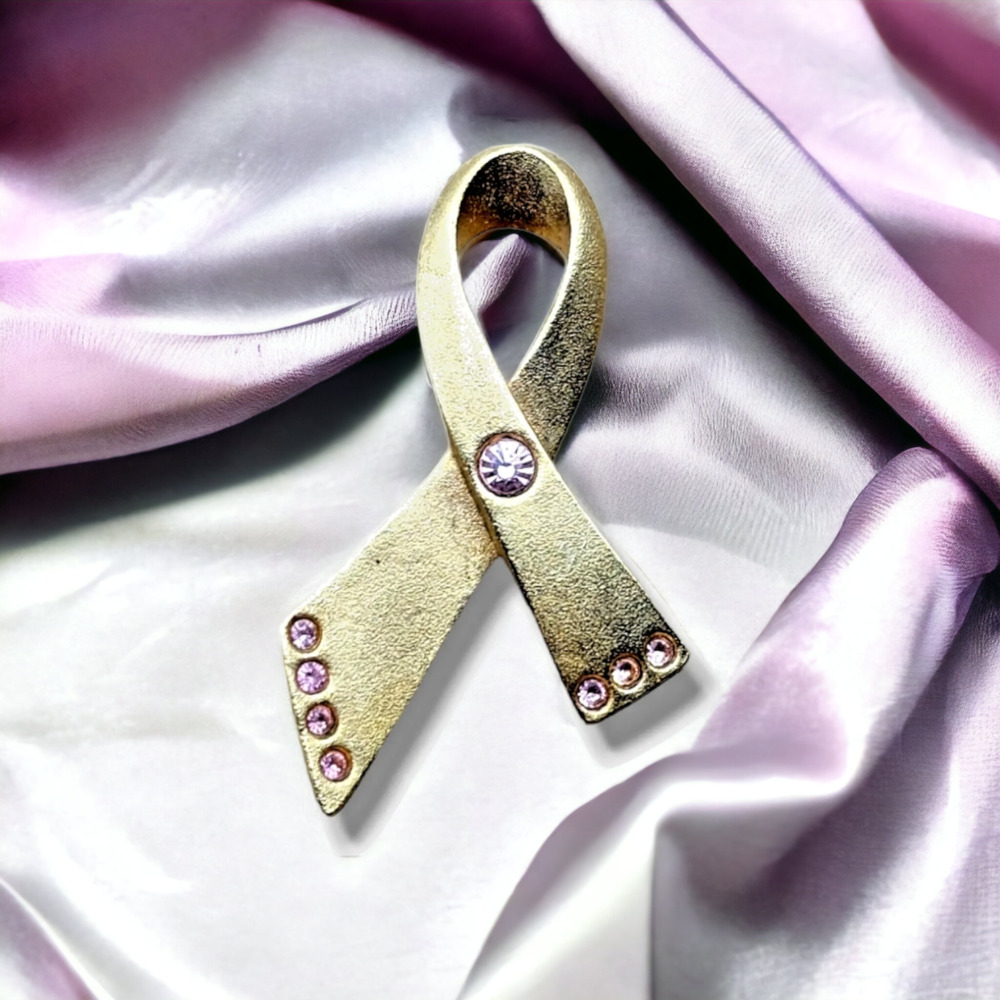 Gold Tone Ribbon Pink Rhinestones Hat Lapel Pin Tie Tack Breast Cancer
